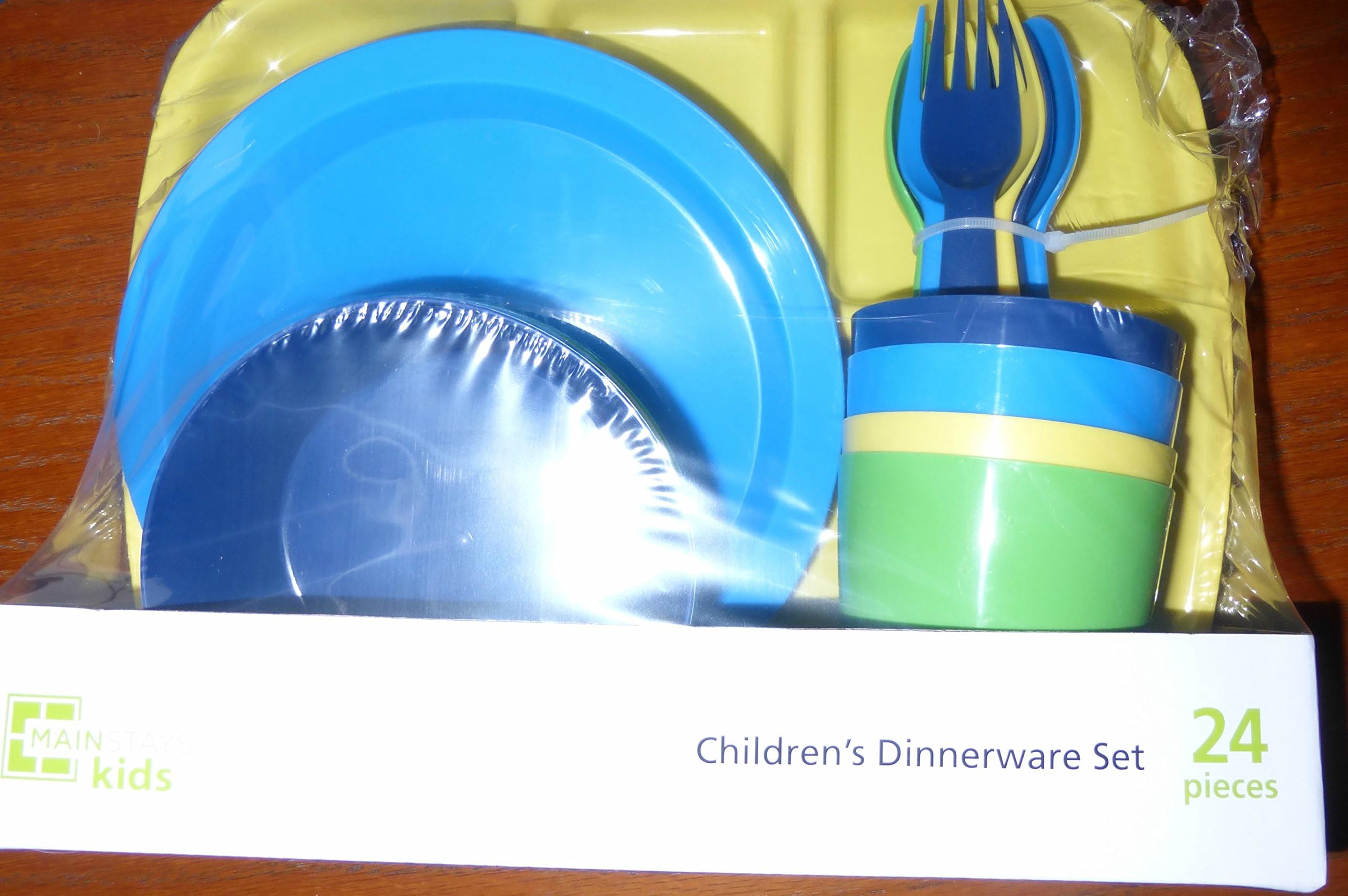 Mainstays Kids Children's Dinnerware Set 24pcs Blue,, Dark Blue, Yellow and Green