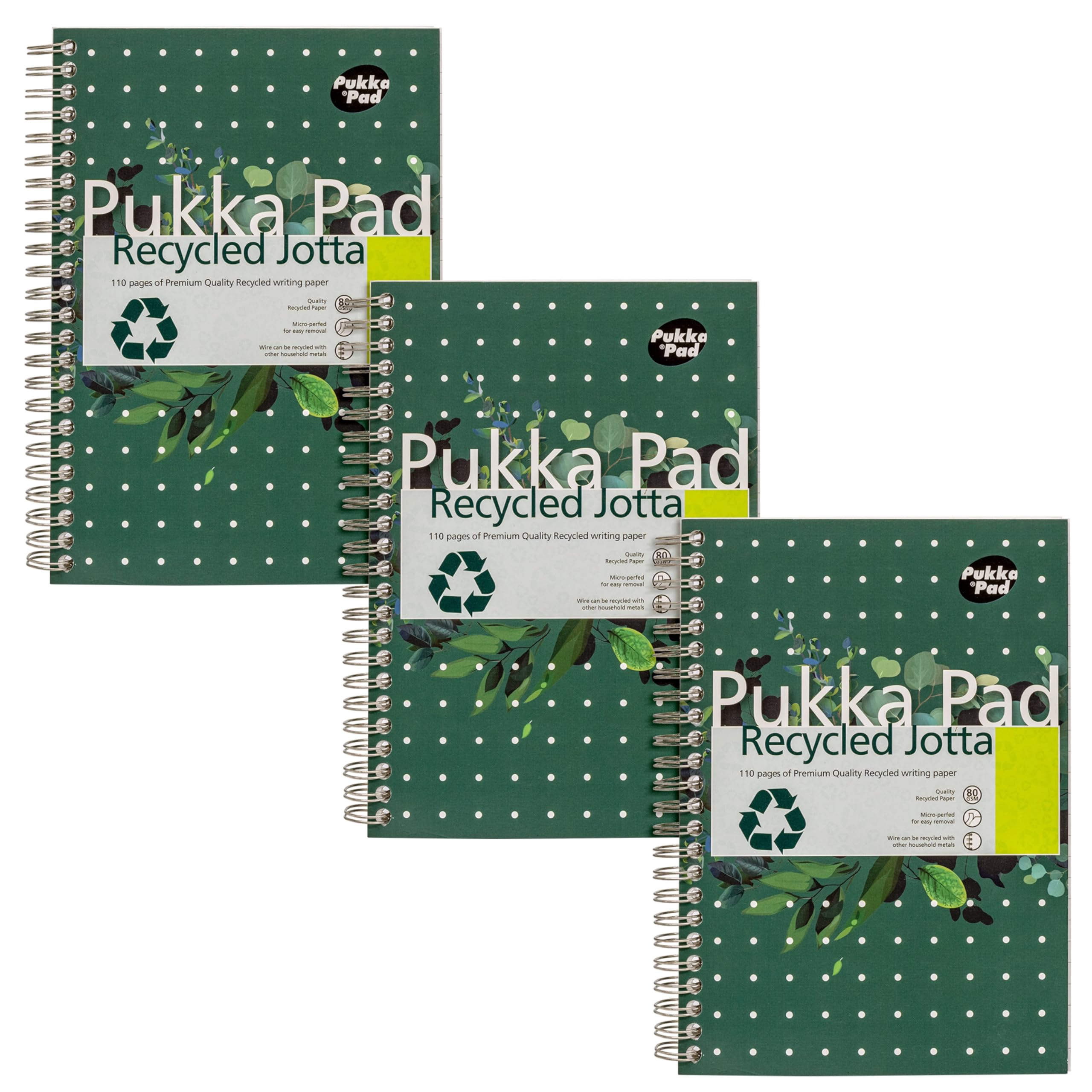 Pukka Pad, Recycled A5 Writing Pad – Pack of 3 Wirebound Notebooks with 110 Pages of 80GSM FSC Recycled Paper – 8mm Lines and Perforated Margins