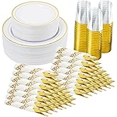Fijinhom 350 Pieces Gold Disposable Plates for 50 Guests, Disposable Plastic Plates for Party, Wedding, Dinnerware Set of 50 Dinner Plates, 50 Salad Plates,50 Cups and 50 Paper Napkins, Gold