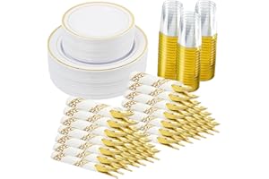 Fijinhom 350 Pieces Gold Disposable Plates for 50 Guests, Disposable Plastic Plates for Party, Wedding, Dinnerware Set of 50 