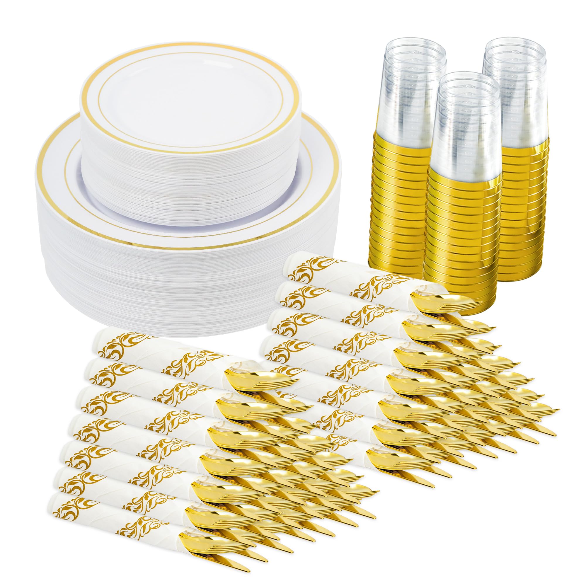 Photo 1 of Fijinhom 350 Pieces Gold Disposable Plates for 50 Guests, Disposable Plastic Plates for Party, Wedding, Dinnerware Set of 50 Dinner Plates, 50 Salad Plates,50 Cups and 50 Paper Napkins, Gold
