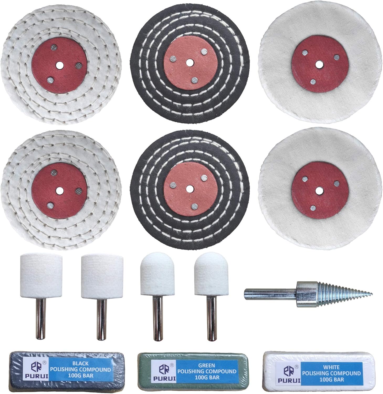 Purui 14pc Metal Buffing Polishing Wheel Kit Used On Drills For Polishing Stainless Steel Polishing Kit Includes 6pc 3 Buffing Wheels 4pc Felt Bobs 3pc Polishing Compounds 1pc Tapered Drill Adapter