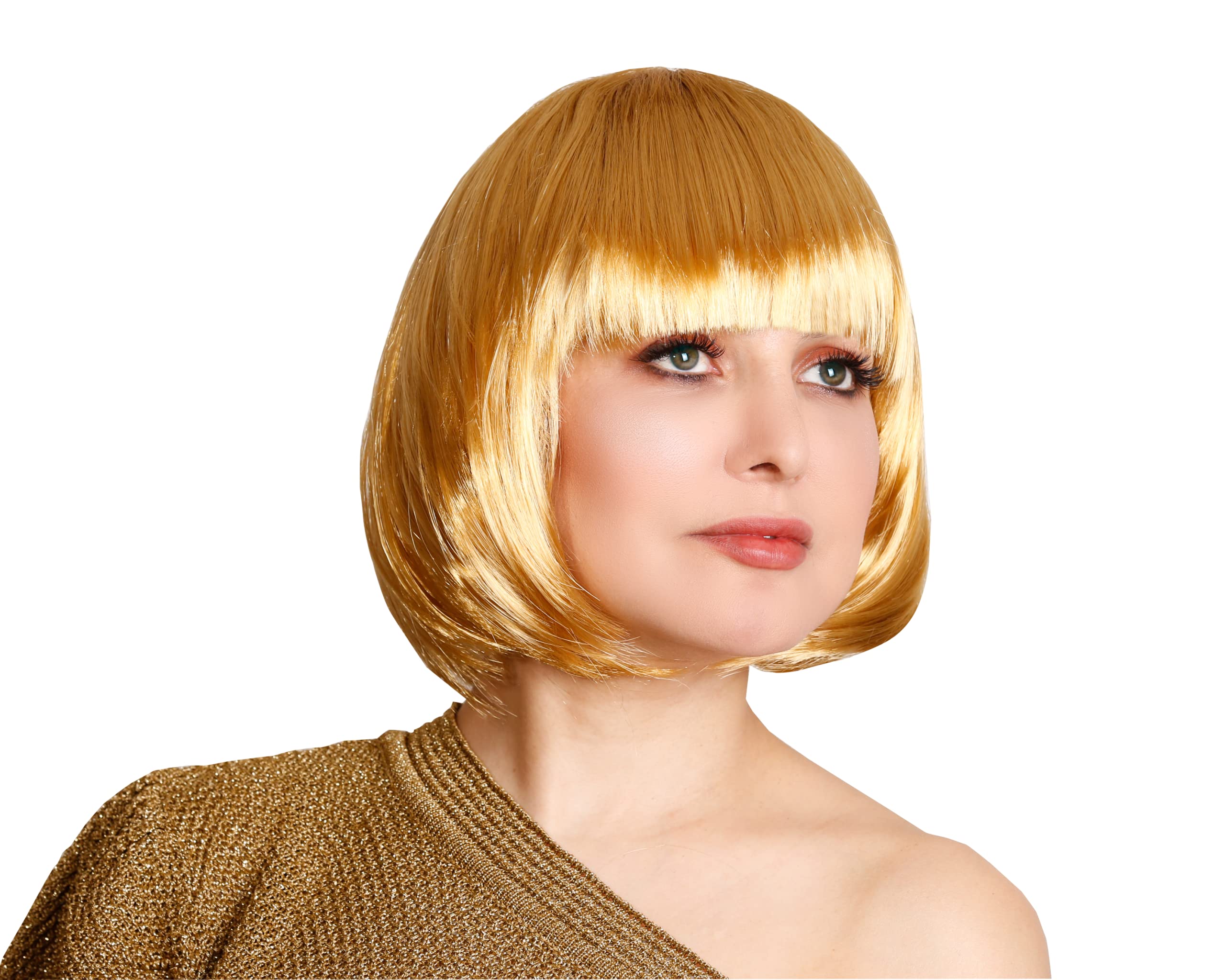 Gold Bob Wig with Fringes – Short Synthetic Wig for Women, Costume, Cosplay, Halloween, Party, Fancy Dress, Carnival, Stage Performance — image 1