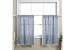 RoomTalks Boho Kitchen Curtains 36 Inch Length French Striped Farmhouse Vintage Chic Cottage Tassel Short Cafe Curtains for Small Window Kitchen Bathroom Bohemian Decor (36’’L x 24’’W, Blue)