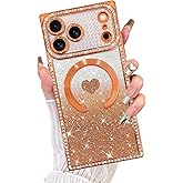 Fiyart Designed for iPhone 17 Pro Max Case,Compatible with MagSafe Love Hearts Plating Soft Slim TPU Sparkle Rhinestone Glitter Shockproof Phone Bumper for Women Girls 6.9"-Orange