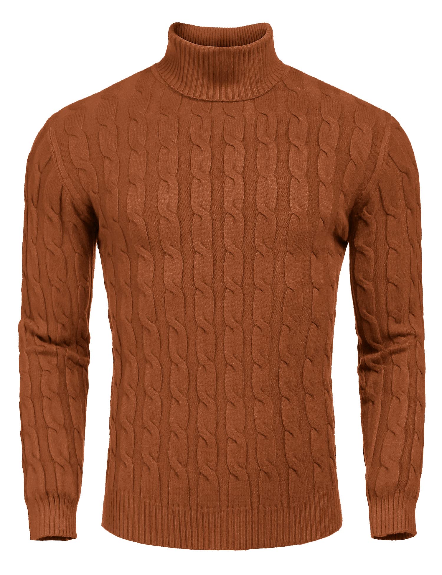 COOFANDY Men's Slim Fit Turtleneck Sweater Casual Twisted Knitted Pullover Sweaters Brown Image