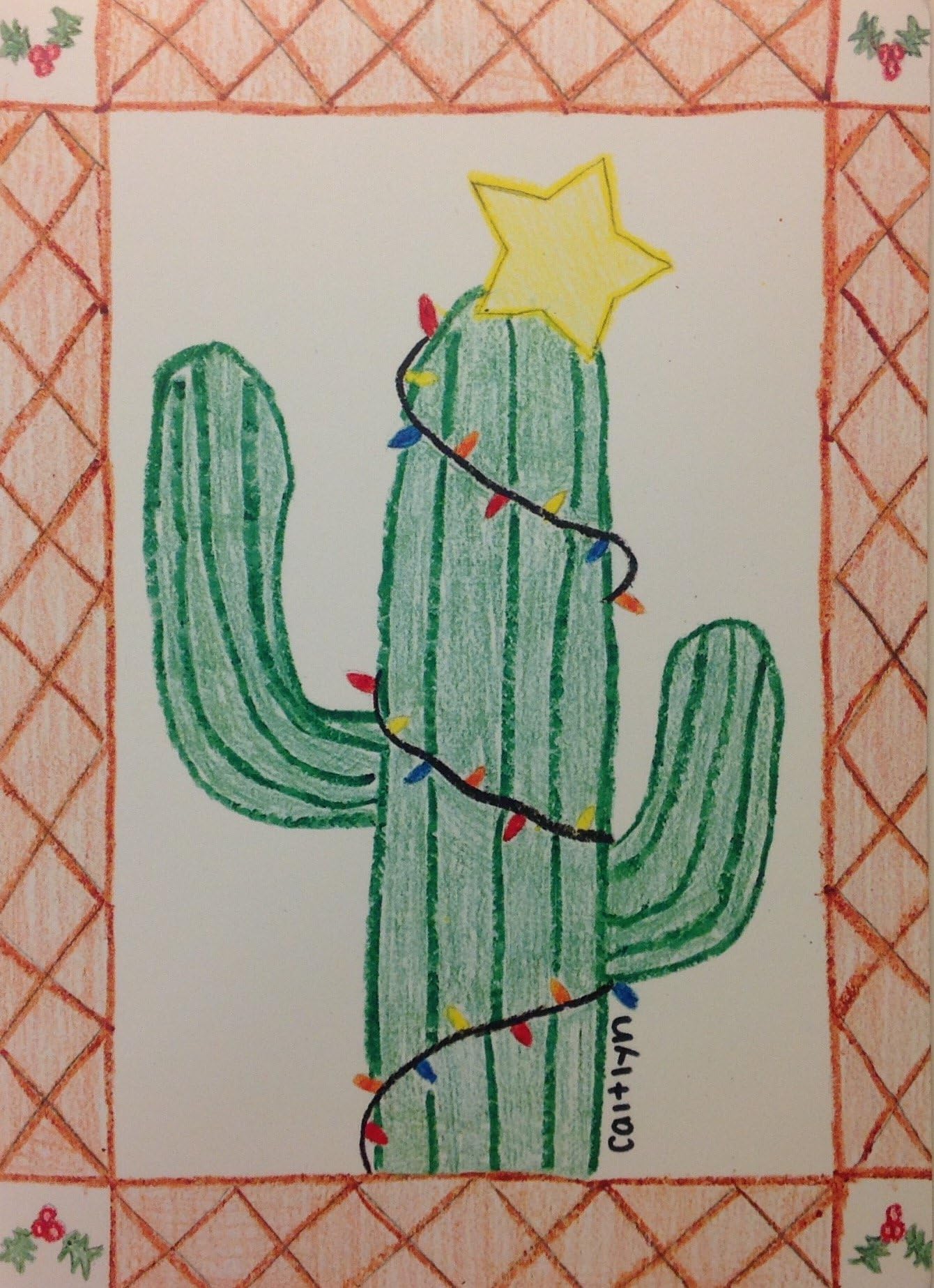 MD Anderson Children's Art Project Christmas Holiday Greeting Cards - Cactus - 15 Cards 16 Green Envelopes