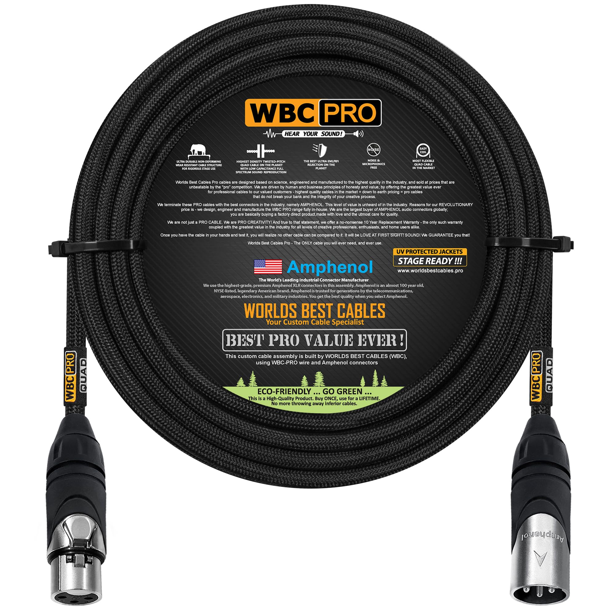 WORLDS BEST CABLES 5 Meter - WBC-PRO-QUAD Ultra-Silent Ultra-Flexible Balanced Star-Quad Cable with Amphenol Male & Female XLR Plugs & Black Tweed Jacket