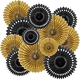 ZOOYOO Hanging Paper Fans Party Decorations,12 Pcs Black Gold Honeycomb Round Fans,Ceiling Decor for Birthday,Wedding,Graduations,Christmas,New Year Party Backdrop