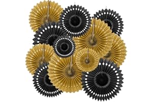 ZOOYOO Hanging Paper Fans Party Decorations,12 Pcs Black Gold Honeycomb Round Fans,Ceiling Decor for Birthday,Wedding,Graduations,Christmas,New Year Party Backdrop