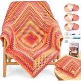 Coopay Crochet Kit for Beginners Adults, Gradient Granny Square Blanket Kit | Complete Crochet Starter Kit w/Video Tutorial &amp; Instructions, Learn Crochet &amp; Knitting Kit for Blanket, 39x39", Sunset