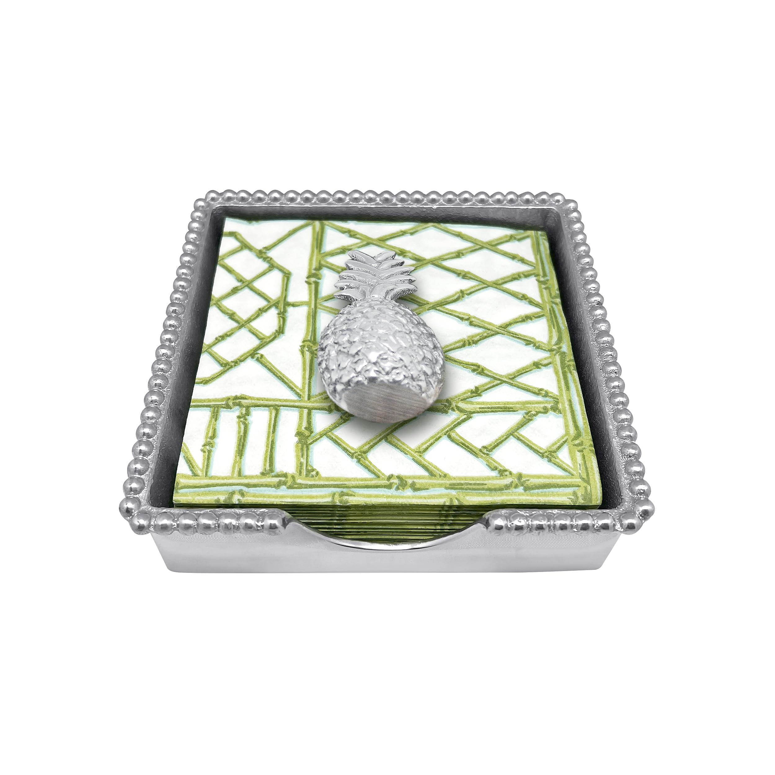 MARIPOSA 2891-C Pineapple Beaded Napkin Box Set Handcrafted, Aluminum, Silver