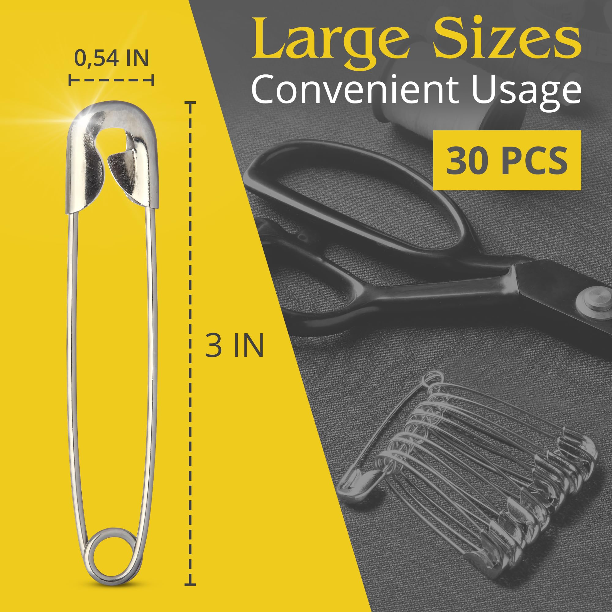 30 Pack Extra Large Safety Pins 3 Inch - Safety Pins for Sewing, Durable Stainless Steel Design for Secure Hold, Rust Resistant and Long-Lasting, Good for Quilting, Decorating, and DIY-Crafts
