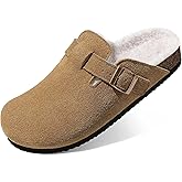KIDMI Fur Lined Suede Clogs for Women Cozy Cork Footbed Mules In Winter, Dark Brown 41 (Size 9.5)
