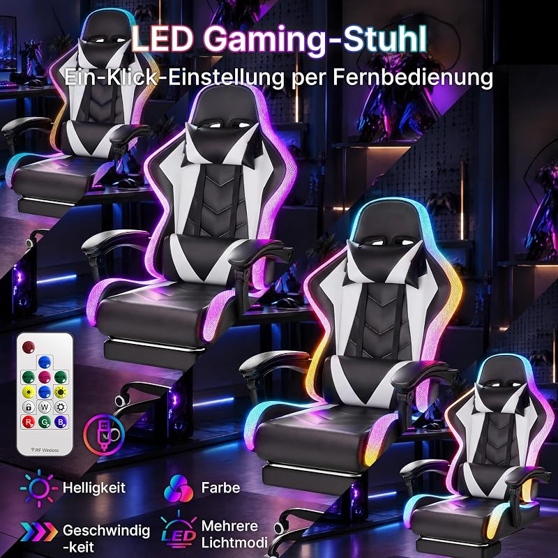 Gaming Stuhl mit led, Cool Racing Gamer Stuhl, Ergonomischer Bürostuhl mit Massagefunktion, Verstellbare Rückenlehne 90-135°, mit Teleskop Fußstütze, Gamingstuhl 150 kg belastbarkeit, Weiß — Foto 5 von 8