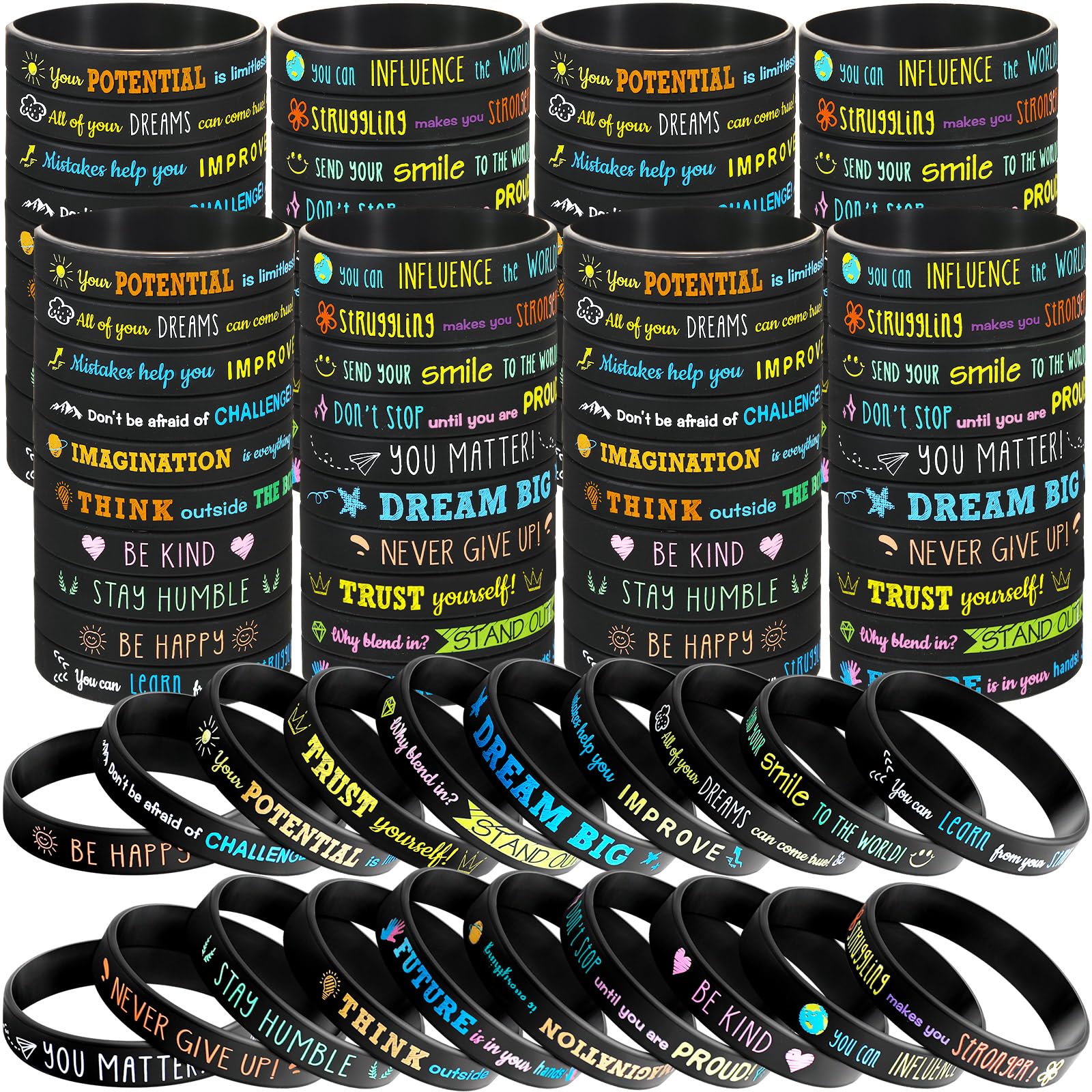 Photo 1 of 120 Pcs Motivational Quote Silicone Bracelets Bulk Colored Inspirational Rubber Wristbands Unisex Accessories for Women Men Teacher Home Office Party Favor Gifts Supplies(Black)