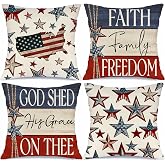 MODOVOS 4th of July Pillow Covers 18x18 Set of 4 Faith Family Freedom Stars USA Flag Independence Day Decorations God Shed Hi
