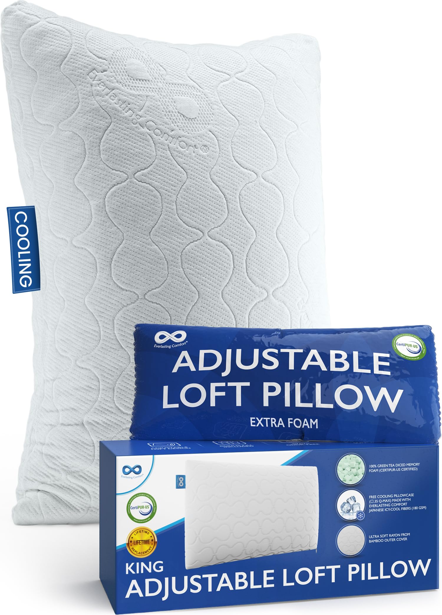 Everlasting Comfort Shredded Memory Foam Pillows with Adjustable Loft - 2X Better Cooling - Japanese Cooling Fiber Pillow Case - Hypoallergenic Pillows for Side Sleepers (King)