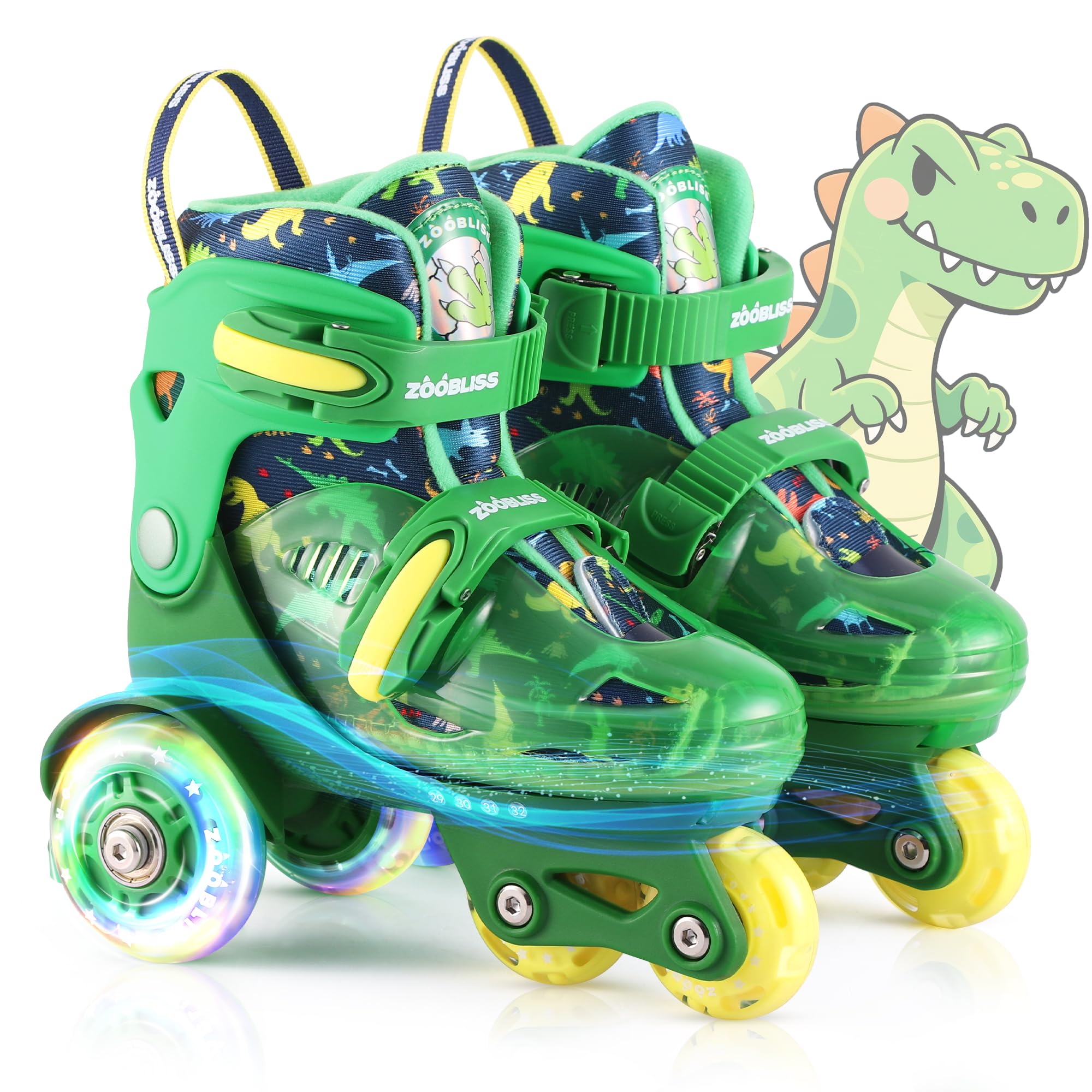 Photo 1 of Kids Roller Skates for Beginners - ZOOBLISS Toddler Roller Skates for Boys Ages 3-7 with Light-Up Wheels & 4 Adjustable Sizes, Tri-Wheel Training Skates for Kids (Dino Green)