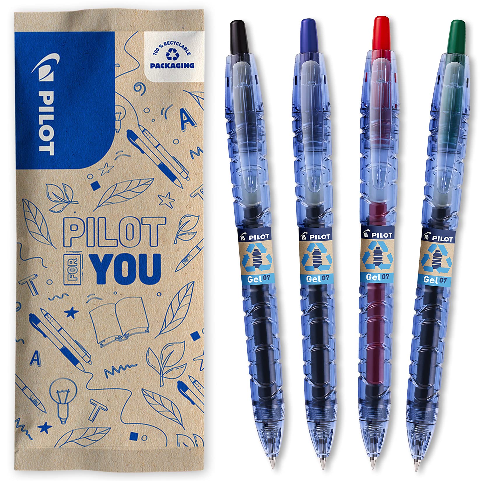 PILOT - Pack of 4 B2P GEL 0.7 - Gel ink roller ball pen - Medium - Begreen - Assorted colours - Black Blue Red Green