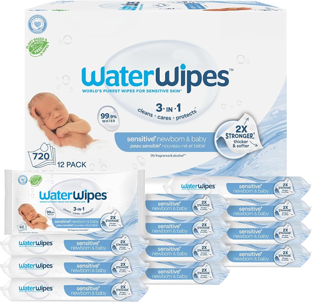 WaterWipes Sensitive+ Newborn & Baby Wipes, 3-In-1 Cleans, Cares, Protects, 99.9% Water, Unscented & Hypoallergenic, 720 Coun