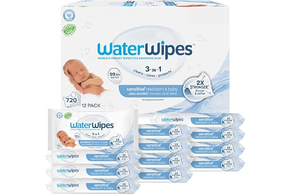 WaterWipes Sensitive+ Newborn & Baby Wipes, 3-In-1 Cleans, Cares, Protects, 99.9% Water, Unscented & Hypoallergenic, 720 Count (12 Packs)