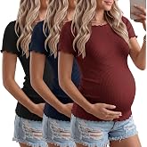 Sweetyweee 3 Pack Women's Maternity Ribbed Shirts, 3-Color, Small | Short Sleeve Tops, Cotton, Boat Neck, Pregnancy, Lettuce Trim, Mama Clothes