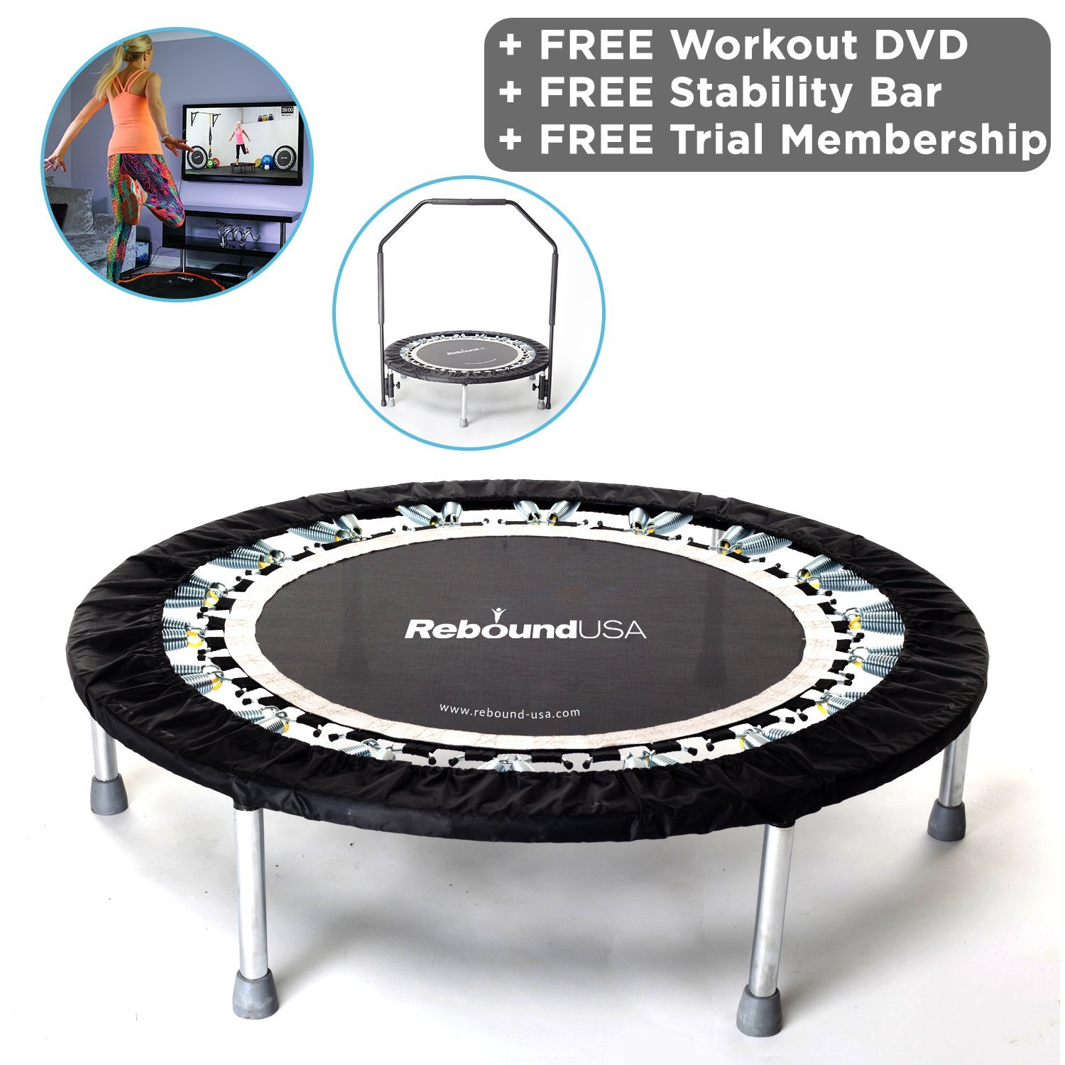 MaXimus Pro Gym Rebounder Mini Trampoline with handle bar. Package