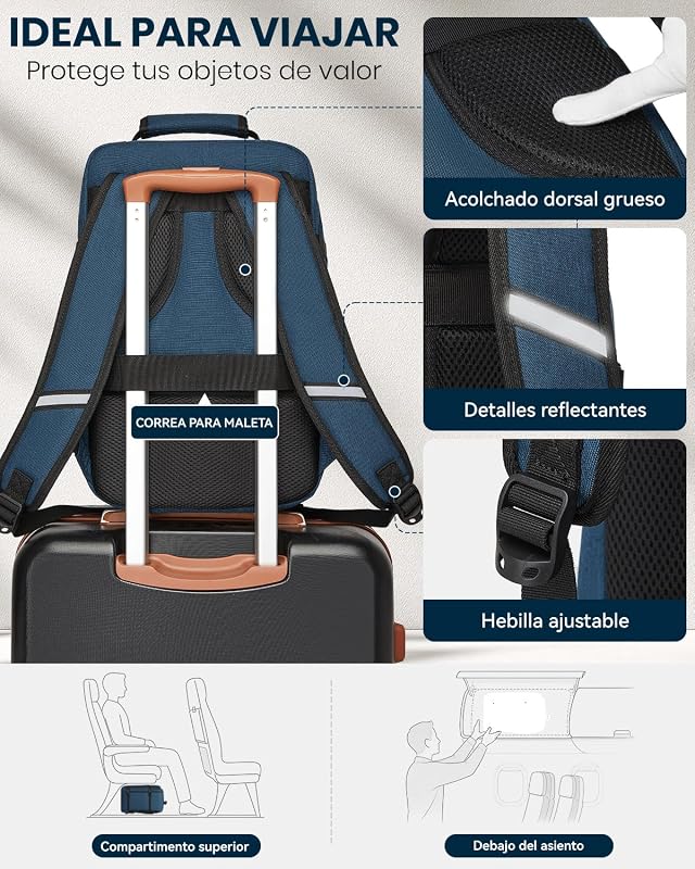 Mochila de viagem 40x20x25, uma mochila de cabine masculina que serve como bagagem de mão, com abertura de 180°, alça de bagagem e traseira respirável (azul) — foto 5 de 7