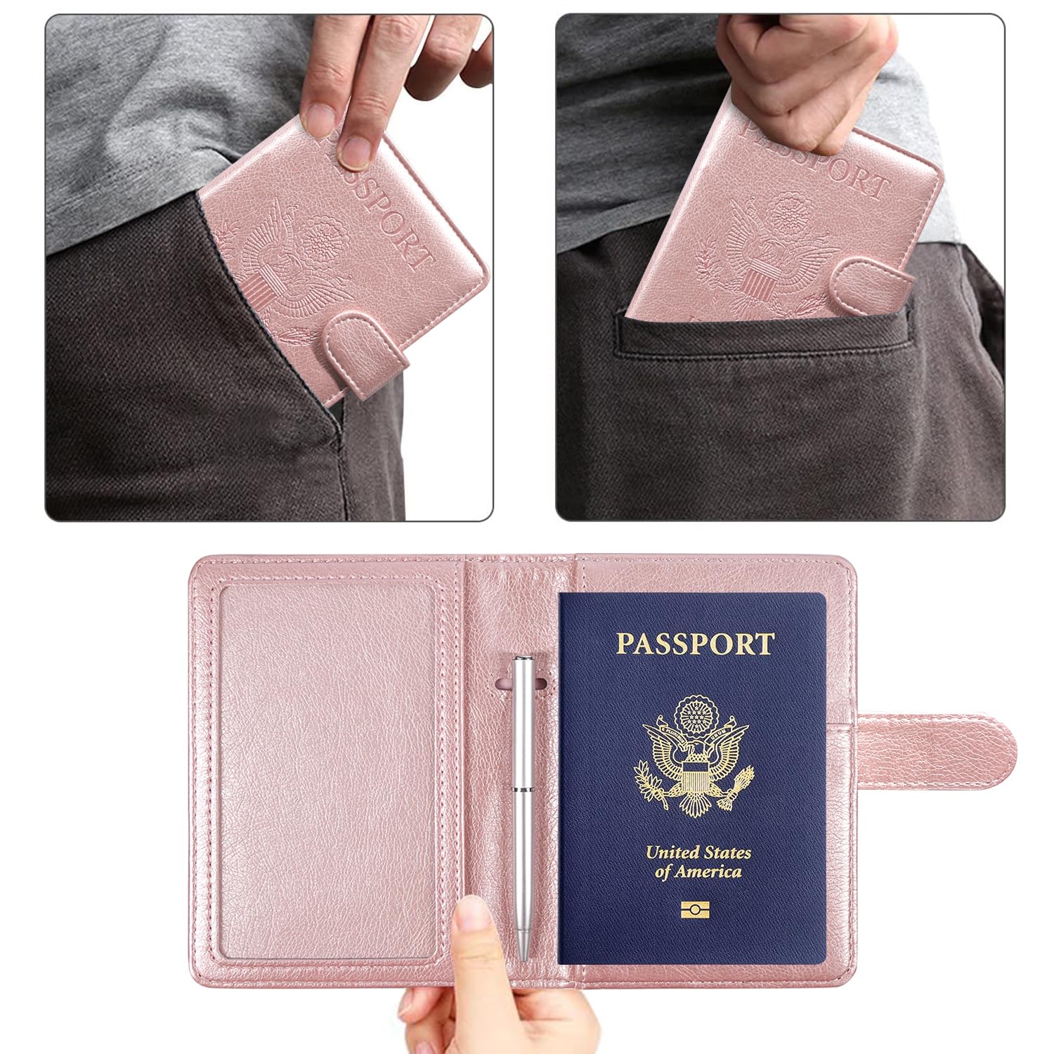 ACdream Passport and Vaccine Card Holder Combo, Cover Case with CDC Vaccination Card Slot, Leather Travel Documents Organizer Protector, with RFID Blocking, for Women and Men, Rose Gold