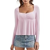 OMKAGI Cute Peplum Babydoll Tops for Women Going Out Double Layer Long Sleeve Shirts