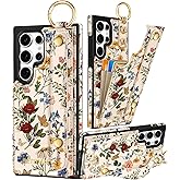 Petitian for Samsung Galaxy S25 Ultra Case with Wallet - Women Girls Cute Girly Aesthetic Unique Design Leather Credit Card Holder Cardholder Stand Wristband for S25 Ultra, Vin Flower