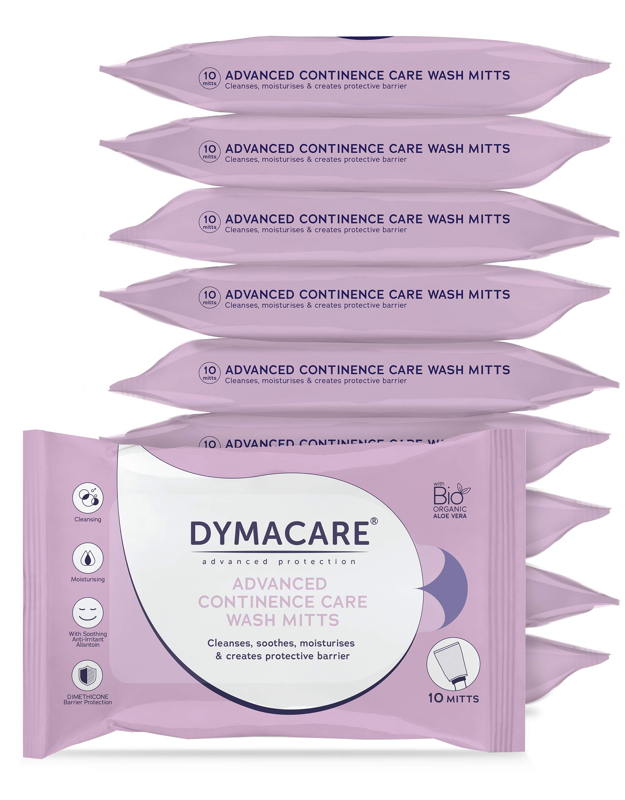 DYMACARE Advanced Continence Care Wash Mitts | Adult Fragrance-Free Premium Disposable Incontinence Skin Cleansing Cloths with Barrier Protection | 10 Packs (100 mitts in total)