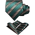 RBOCOTT Silk Stripe Plaid Tie and Pocket Square with Tie Clip Sets for Men