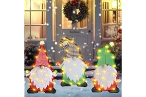 Baquler 3 Pack Lighted Gnome Christmas Decorations Tinsel Gnomes Xmas Outdoor Indoor Decorations 24 Inch Pre Lit Light up 2D Stacked Gnome with Incandescent Lights Festive Garden Yard Lawn Decor