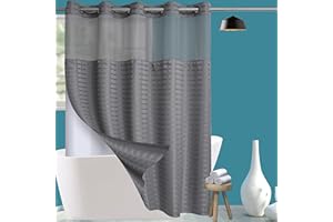 Conbo Mio Hotel Style Fabric Shower Curtain with Snap in Liner for Bathroom Machine Washable Waterproof Repellent (Check-Grey
