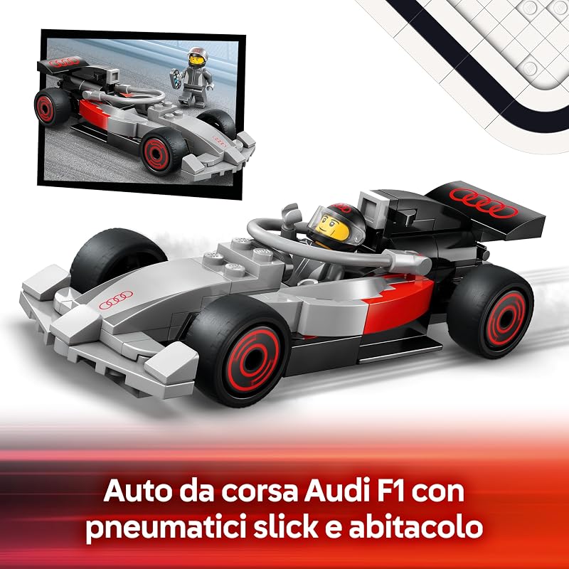 City Display Truck F1 con Auto da Corsa Audi F1 Giocattolo - Kit con 3 Minifigure e Funzione di Sollevamento Veicoli - Idea Regalo per Bambini da 7 Anni in su Fan degli Sport Motoristici - 60493 — foto 7 di 8