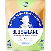 BLUELAND Laundry Detergent Tablets, 120 Count, Plastic-Free Eco-Friendly Pods, Sheets, Liquid Alternative - Fragrance Free and Clear, Natural, Gentle