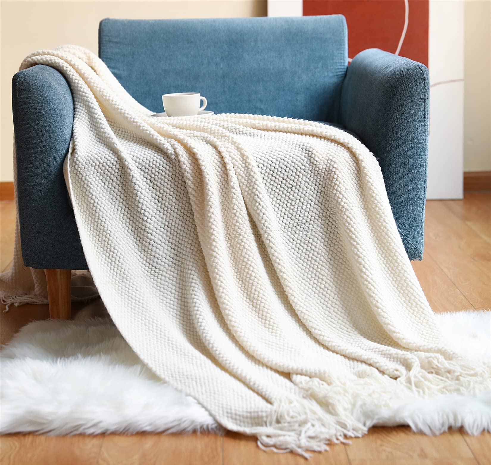Hayisugal Blanket Soft Knitted Wool Blanket Tassel Boho Blanket Sofa Blanket Throw Blanket for Couch Bed Sofa Chair Beige 130 x 150 cm