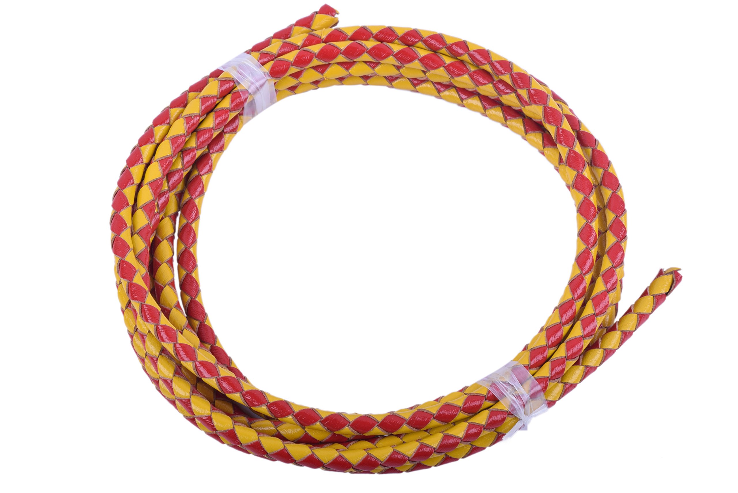 KONMAY 1.8Meters 4.0mm Red&Yellow Round Braided Genuine Bolo Leather Cord for Jewelry and Craft Designs (4.0mm, Red&Yellow)…