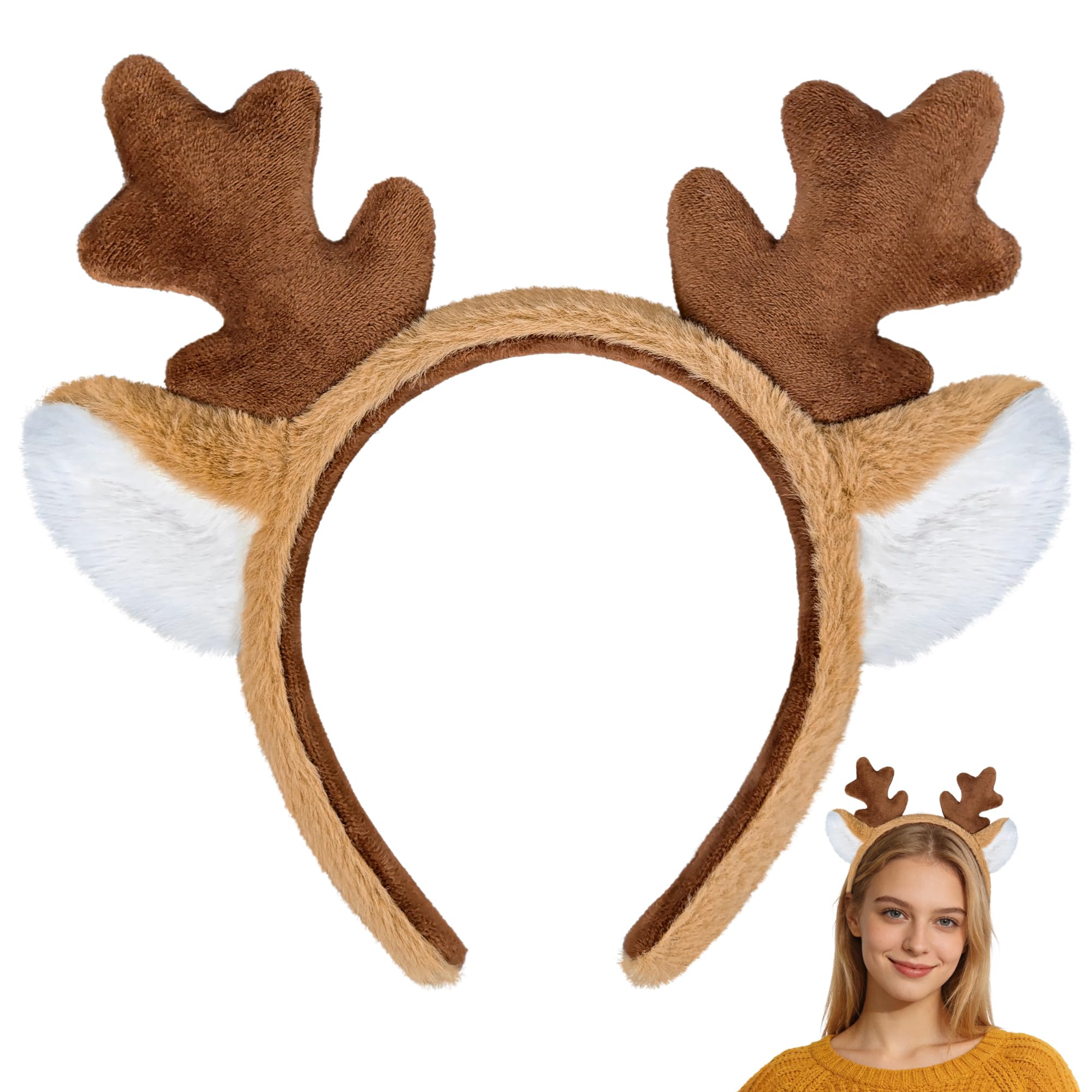 Orgoue Reindeer Antlers Headband, Fluffy Deer Ears Hairband Animal Antler Headpiece for Women Adults for Face Washing Christmas Halloween