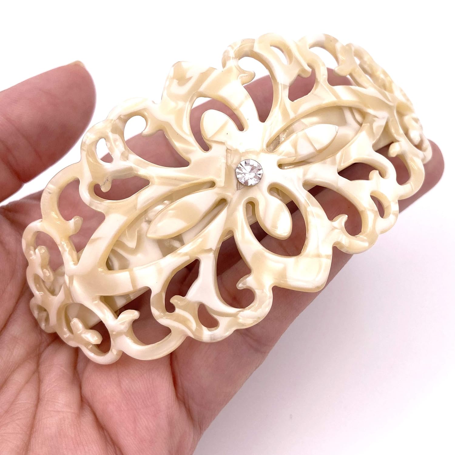 Strong Large Hair Barrette Set For Thick Hair Ivory White Marble Filigree for Women : Beauty