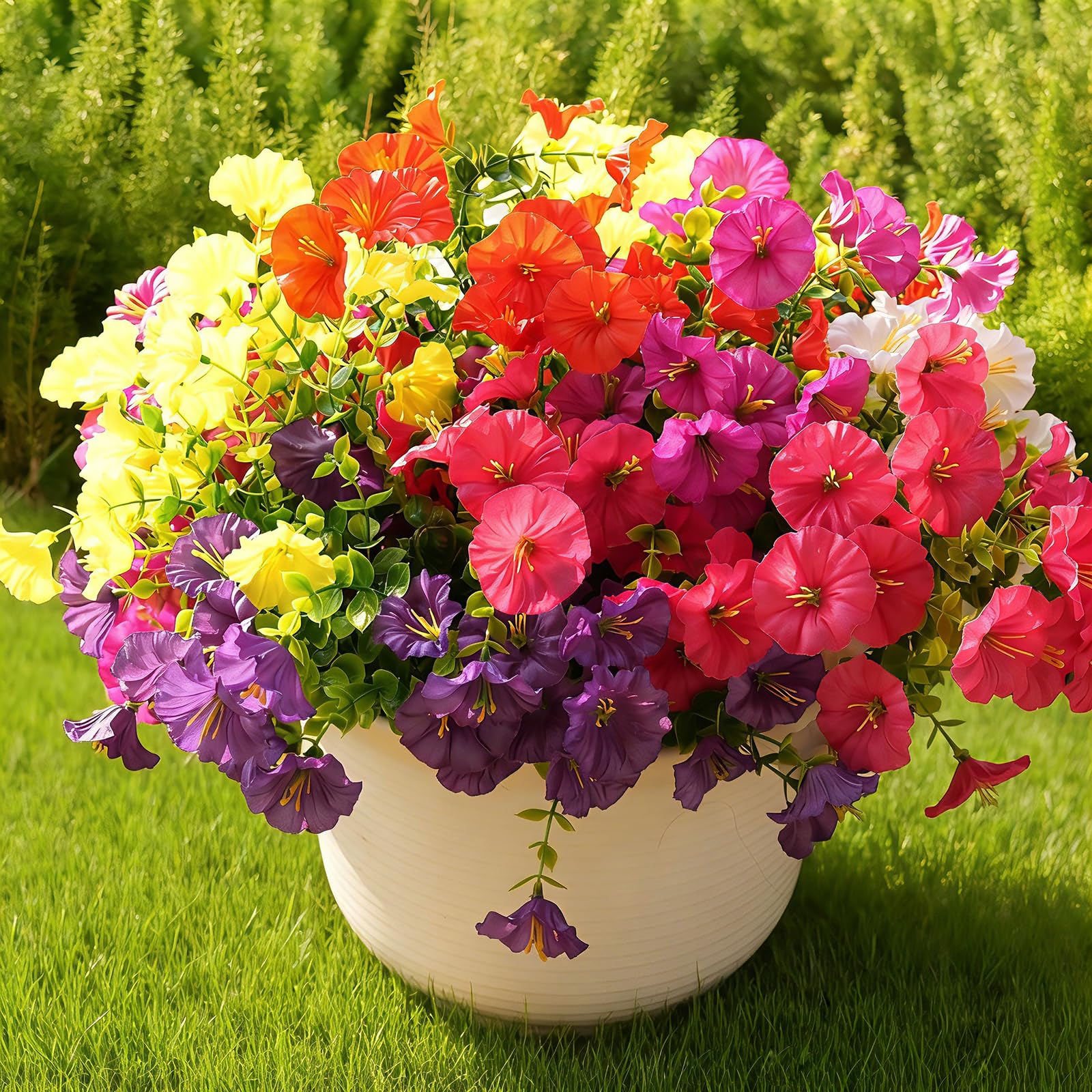 Fanfantoey Artificial Flowers for Outdoor, UV Resistant Fake Plants Outside Decoration, 14 Pcs Realistic Silk Morning Glory Faux Flowers for Porch Patio Gardens Home Decor(14, 6 Mixed)