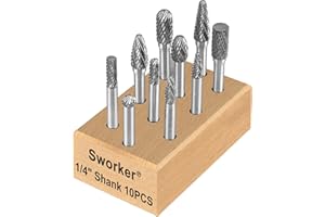 Sworker 10 Pcs 1/4 Carbide Burr Set 1/4 Shank Die Grinder Bits Drill Bits Grinding Bits for Metal Rotary Tool Attachment Accessories Rasp Weld Wood Stone Deburring Compatible with Milwaukee Dewalt