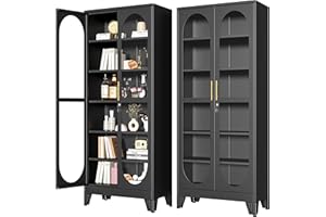 PAOFIN 75" H Locking Display Cabinet with Glass Door, Metal Curio Cabinets with 5 Adjustable Shelves, Tall Liquor Cabinet Display Case for Living Room, Wine, Clinic, Home - Assembly Required Black