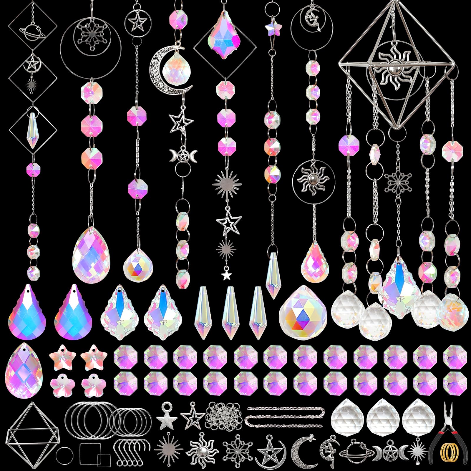 ASTNIC 330PCS Crystal Sun Catchers DIY Kit Suncatcher Making Kits for Adults, Crystal Ball Rainbow Maker with Sun Moon Pendants for Window Garden Hanging Ornament Indoor Outdoor Decor