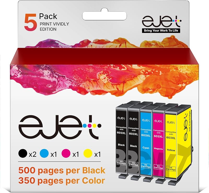 ejet 603XL Ink Cartridge 5 Pack for Epson Expression Home Workforce WF Printers