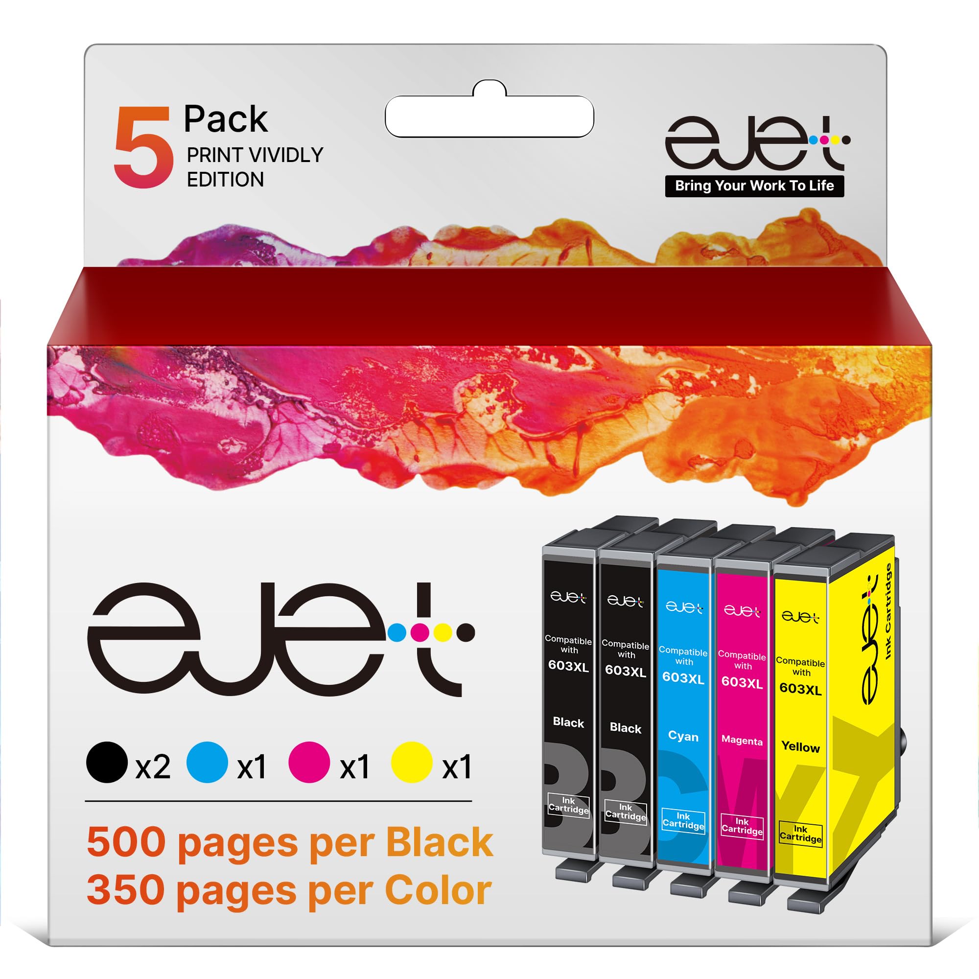 ejet 603XL Compatible Ink Cartridge Replacement for Epson 603 603XL for Expression Home XP-3100 XP-4100 XP-2100 XP-2105 XP-3105 Workforce WF-2810 WF-2830 WF-2835 WF-2850(B/C/M/Y, 5-Pack)