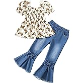 Kucnuzki Toddler Kids Girls Clothes Short Sleeve Shirt Top Flare Denim Jeans 2 Piece Outfits For Girls Cute Clothing Set