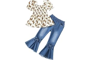 Kucnuzki Toddler Kids Girls Clothes Short Sleeve Shirt Top Flare Denim Jeans 2 Piece Outfits For Girls Cute Clothing Set